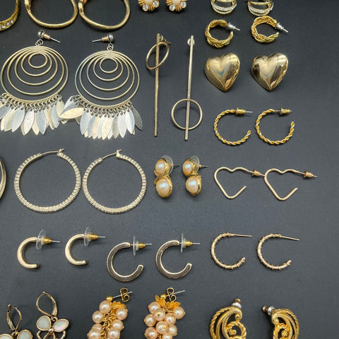 Vintage Modern Gold Tone Earrings Jewelry Lot 40 Pairs Hoops Studs Faux Pearl
