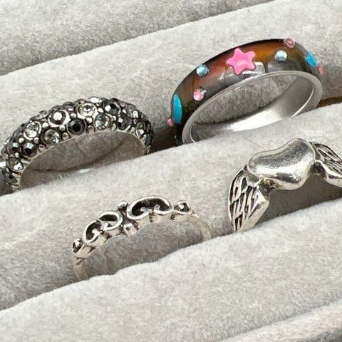 Silver Tone Fashion Jewelry Ring Lot 4 Celestial Mood Heart Wings Rhinestone