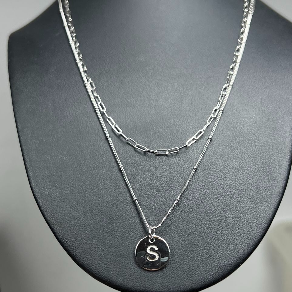 925 Sterling Silver Layered Necklace Set S Initial Pendant Hammered Paperclip