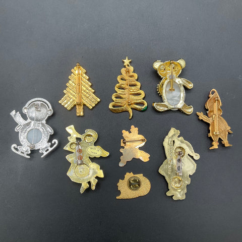 Vintage Christmas Brooches Jewelry Lot of 9 Santa Tree Reindeer Angel Penguin