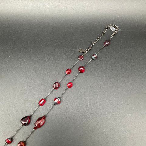 Vintage Debby Reid Silver Tone Red Faceted Glass Bead Station Necklace 25"