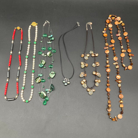 Mixed Pearl and Gemstone Style Necklace Lot of 6 Coral Jadeite Shell