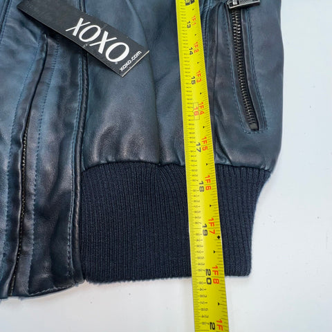 NWT XOXO Blue Gray Faux Leather Moto Cropped Bomber Jacket Juniors L