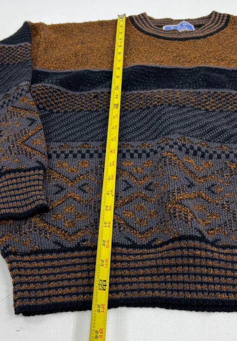 Ventillo Black Brown Vintage 80s Geometric Textured Knit Pullover Sweater Men's