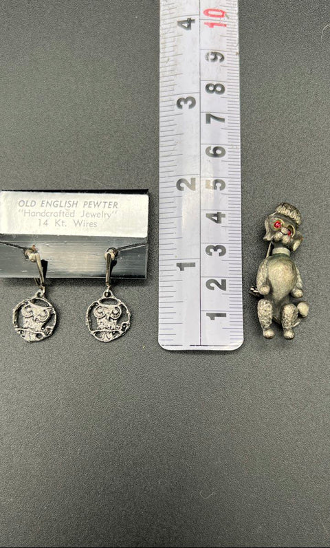 Vintage 70s Pewter Jewelry Lot Metzke Owl Brooch Pendant Poodle Earrings