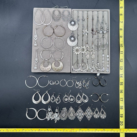 Silver Tone Fashion Earrings Jewelry Lot 50+ Pairs Hoops Dangles Boho Styles