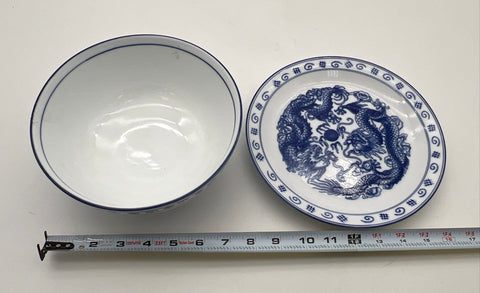 Blue Moon Chinese Dragon Blue and White Porcelain Bowl and Plate Set 2 Piece