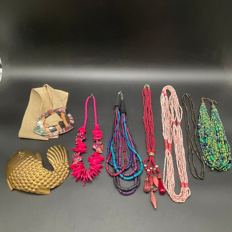 Vintage Fish Motif Jewelry Lot 8pc Beaded Necklaces Brass Belt Buckle Sash