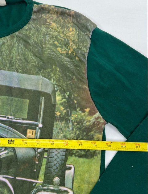 Vintage 70s Knitted Fashions Green Bentley Car Graphic Nylon Shirt Men's L