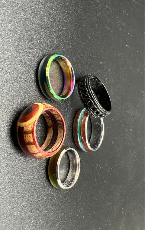 Lot of 5 Men's Fashion Ring Bands Wood Inlay Stainless Steel Rainbow Black