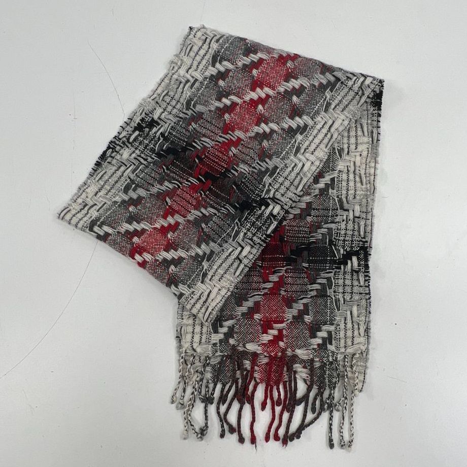 Charter Club 100% Cashmere Scarf Red Black Gray Plaid Woven Fringe Women's