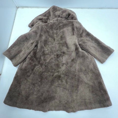 Vintage 70s Faux Fur Teddy Coat A-Line Jacket Large Collar Brown Sz S M