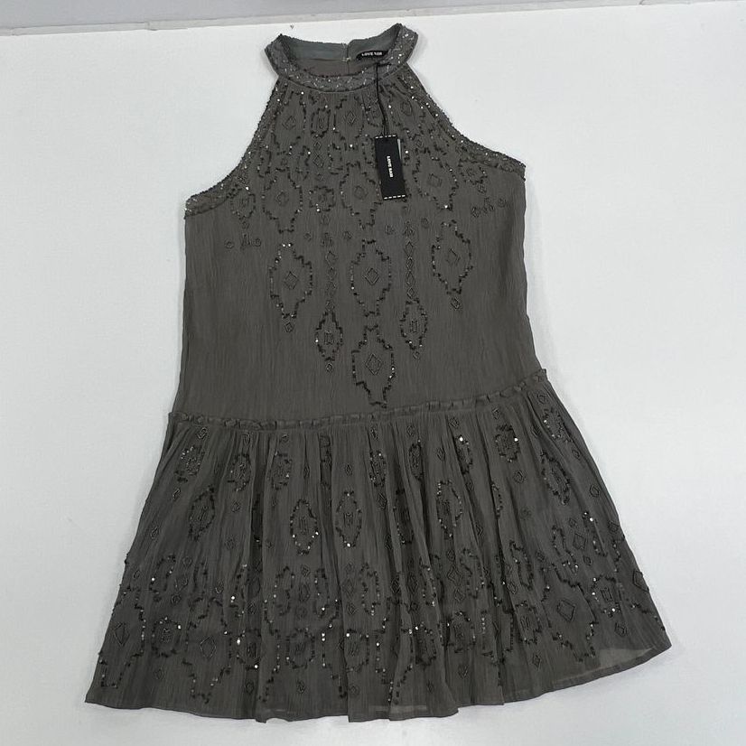 NWT Women's Love Sam Grey Beaded Sleeveless Short Dress - Size Medium Petite