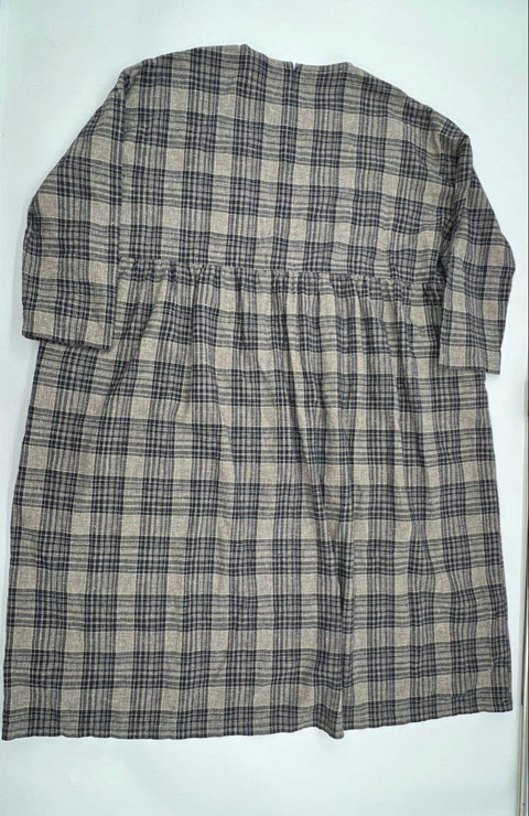 Ichi Women's Black Gray Plaid Oversized Long Sleeve Empire Waist Midi Dress