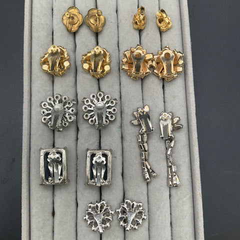 Vintage Clip-On Earrings Lot 8 Pairs B. David Signed Rhinestone AB Mid-Century