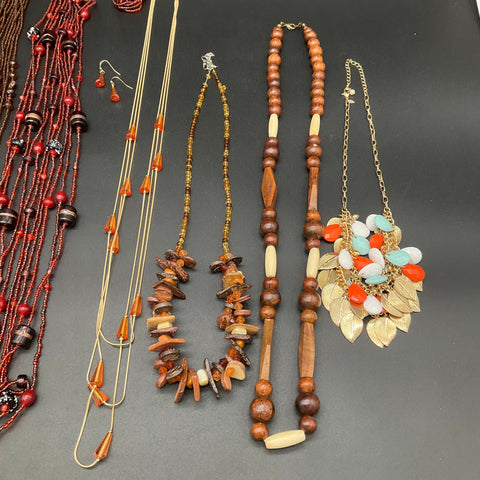 Boho Beaded Costume Jewelry Lot 1.2 Lbs Earthy Wood Shell Multi-Strand Necklaces
