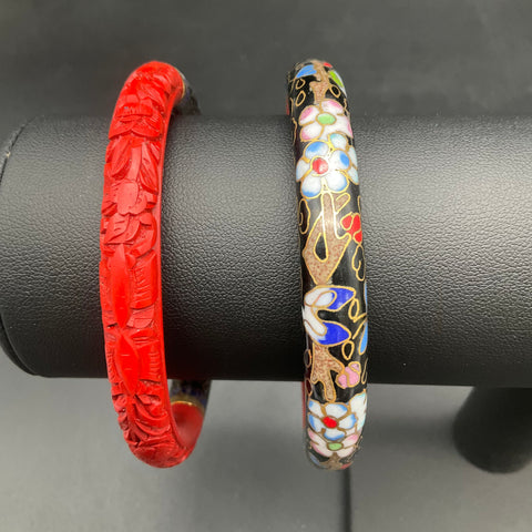 Vintage Cloisonne & Cinnabar Style Carved Red Bangle Bracelet Jewelry Lot 2pc