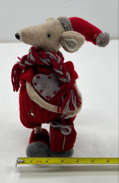 Christmas Rat Figurine Felt Fabric Holiday Decor 10 Inch Red Knitted Outfit