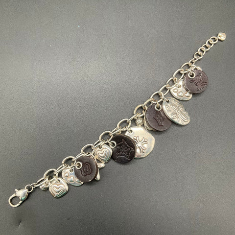 Brighton Amulet Charm Bracelet Silver Tone Leather Heart Cross Latin Words 7"