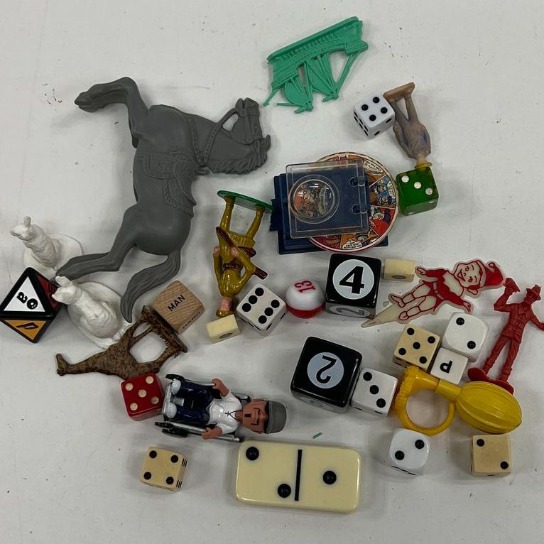 Vintage Game Pieces & Figure Lot Mixed Toys Dice Domino Horse Junk Drawer