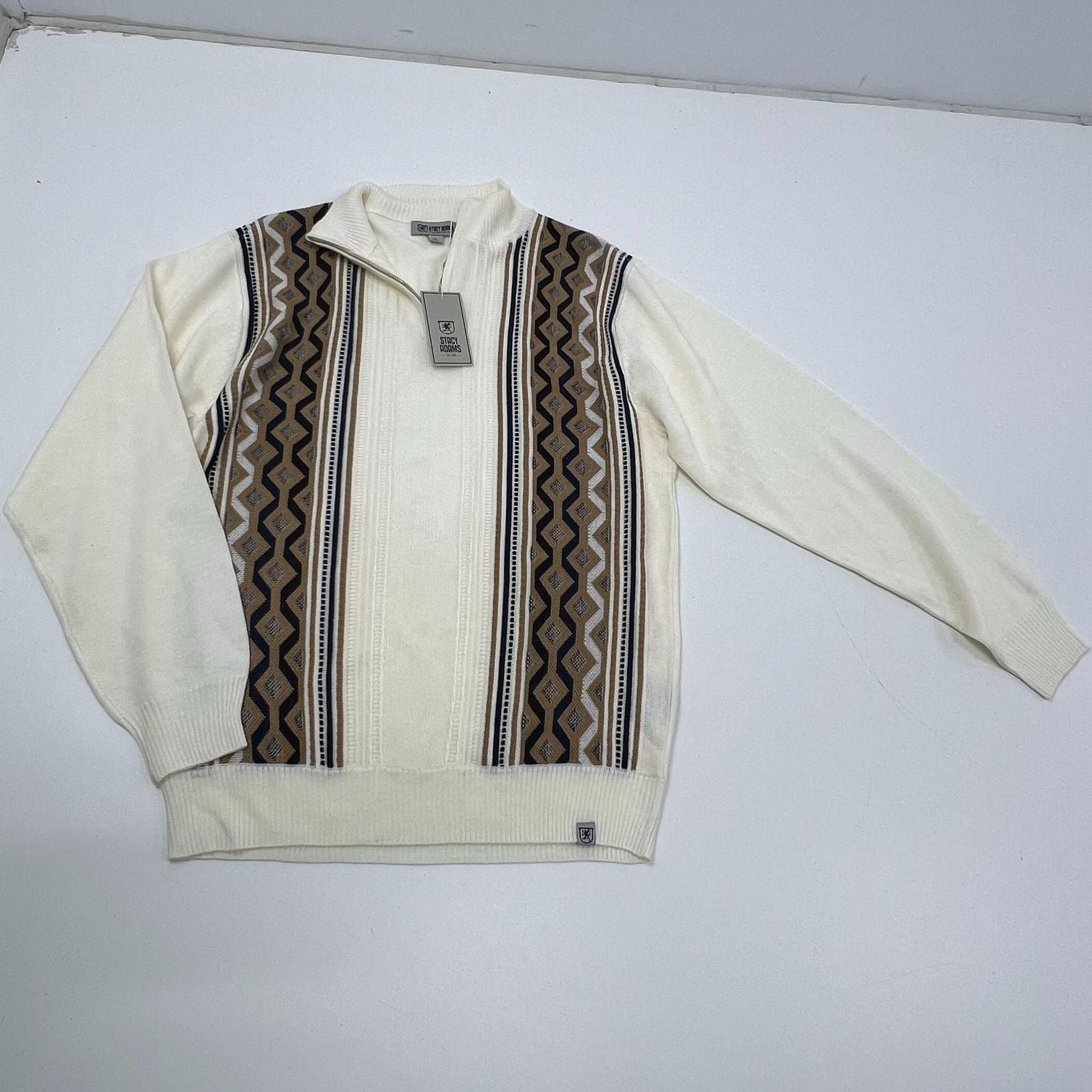Stacy Adams Cream Geometric Quarter Zip Mock Neck Sweater Men's L NWT