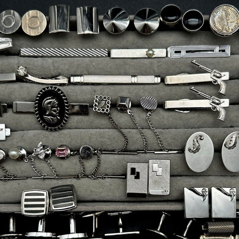 Vintage Mens Jewelry Lot Cufflinks Tie Bars Tacks Silver Tone Retro 40+ Pieces