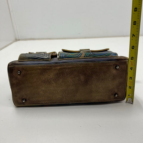 Anuschka Hand Painted Leather Shoulder Bag Peacock Animal Print Gold Hardware