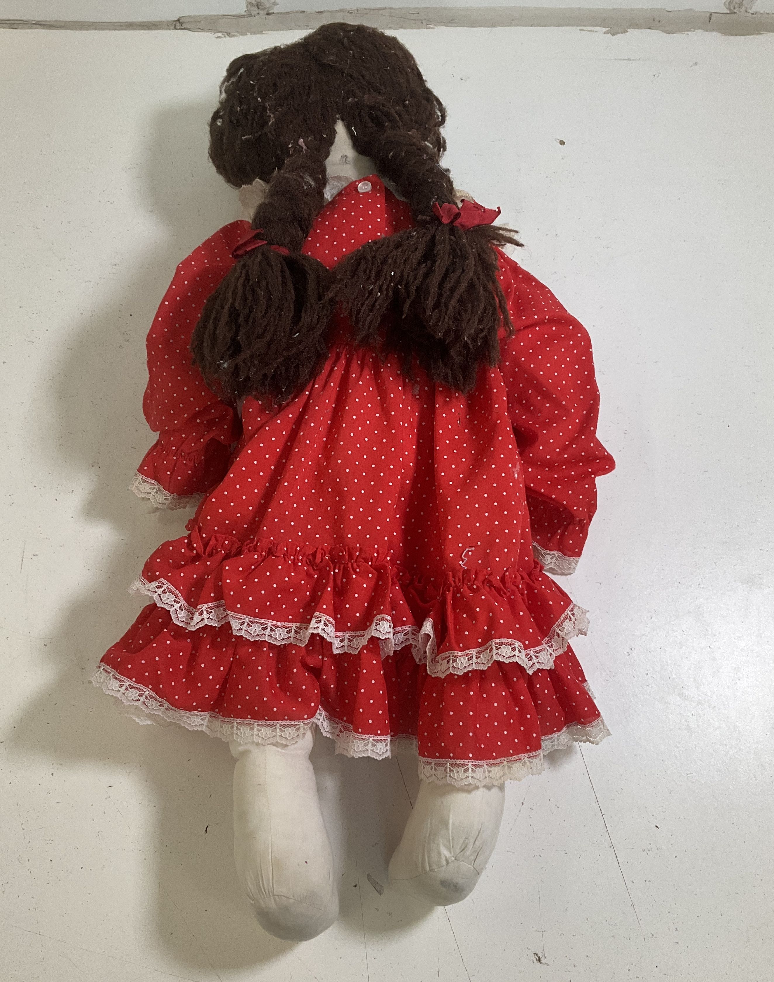 Vintage Handmade Folk Art Rag Doll "Bonnie" Painted Face Yarn Hair Red Dress
