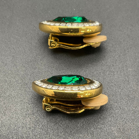 SAL Swarovski 1970s-80s Gold Tone Green Pear Cut Clip On Earrings