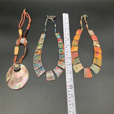 Boho Statement Necklaces Lot of 3 Jasper Stone Abalone Shell Mosaic Beads
