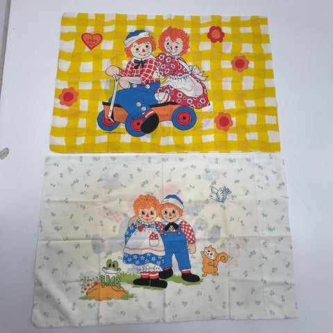 Vintage Raggedy Ann & Andy Pillowcases Set of 2 Bedding 1970s Yellow Floral