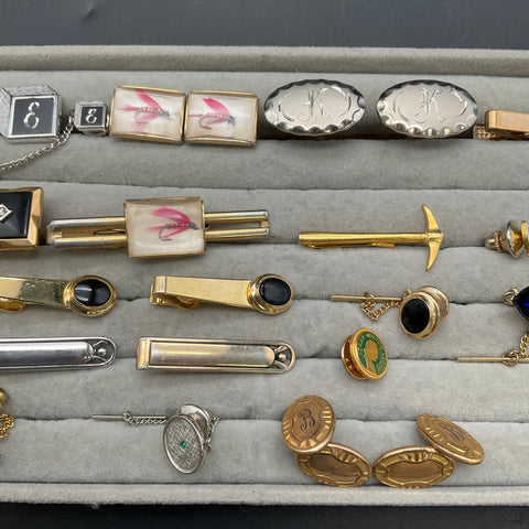 Vintage Men's Costume Jewelry Lot Cufflinks Tie Bars Pins Gold Silver Tone