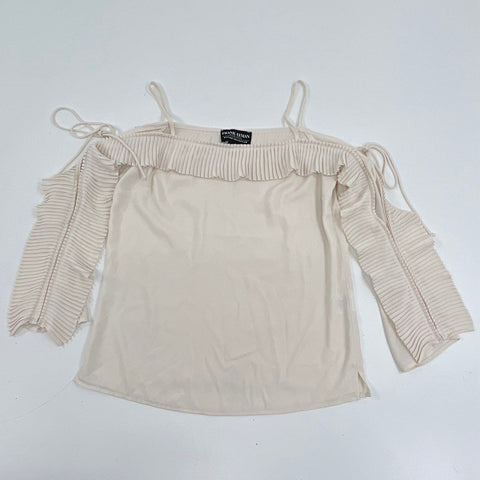 Frank Lyman Women's Top Blouse White Cold Shoulder Pleated Ruffle Sz 2