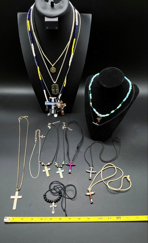 Religious Cross Jewelry Lot of 14 Necklaces Pendants Beaded Cord Mixed Styles