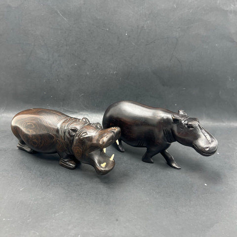 Vintage Hand Carved Hardwood Hippo Figurines Set of 2 African Art Open Mouth