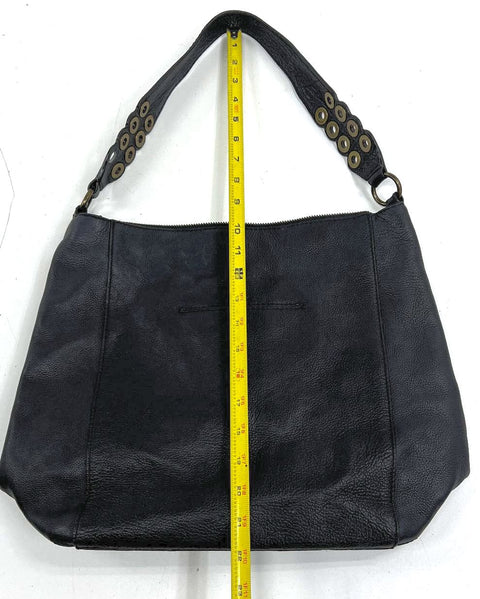 Frye Black Pebbled Leather Hobo Shoulder Bag Grommet Strap Brass Hardware
