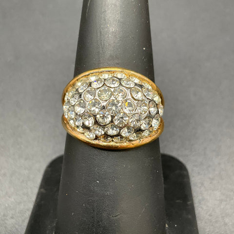 Vintage Style 18K HGE Gold Tone Pav Clear Rhinestone Dome Ring Size 7