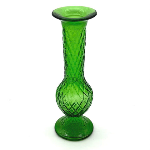 Vintage Green Glass Vase Set 3 Piece Lot Textured Ribbed Diamond Bud Vases