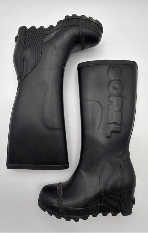 Sorel Joan of Arctic Wedge Black Rubber Rain Boots Women's Size 8.5
