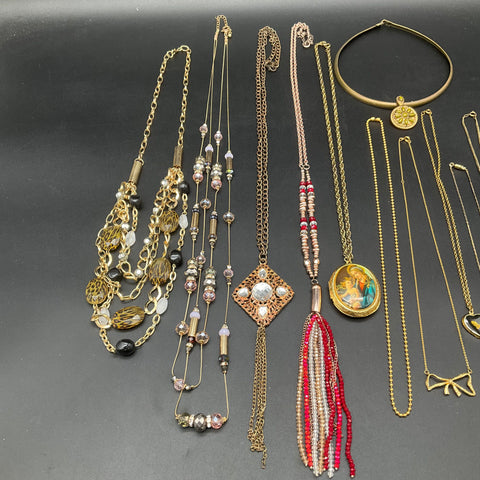 Vintage Costume Jewelry Lot of 11 Necklaces Gold Tone Beaded Tassel Locket