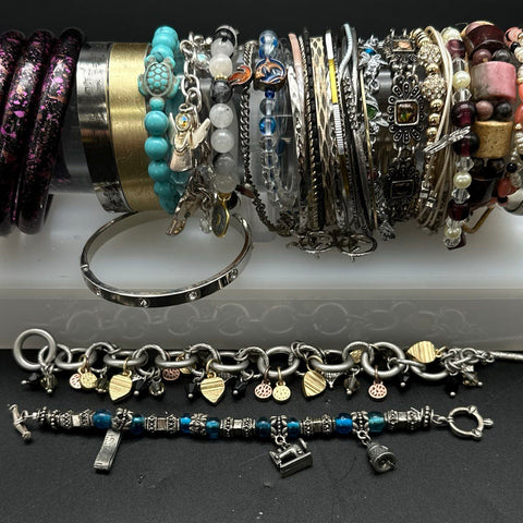 Eclectic Vintage & Modern Costume Jewelry Lot 30 Bangles Cuffs Charm Bracelets