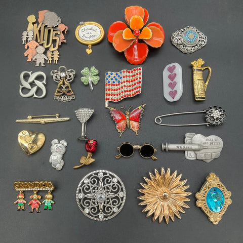 Vintage & Modern Costume Brooch Lot of 25 Rhinestone Enamel Pewter Pins