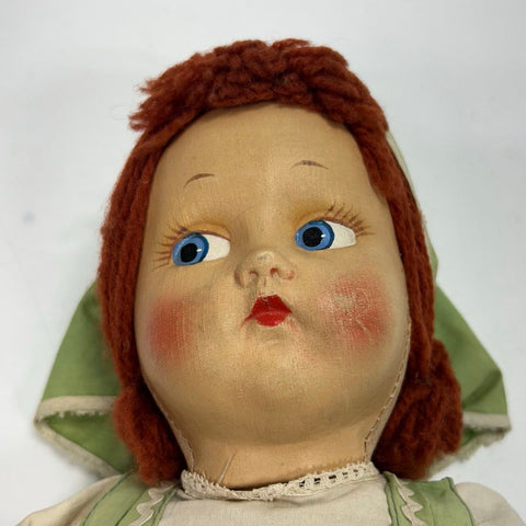 Vintage Cloth Doll 18" Peasant Outfit Mask Face Red Hair Painted Features