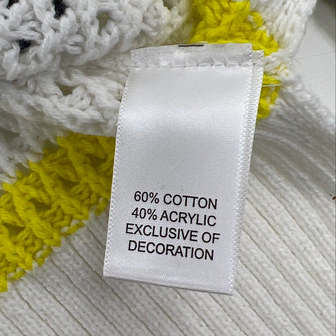 Kerri Rosenthal Women's Sweater White Blue Striped Open Knit Smiley Patch XS