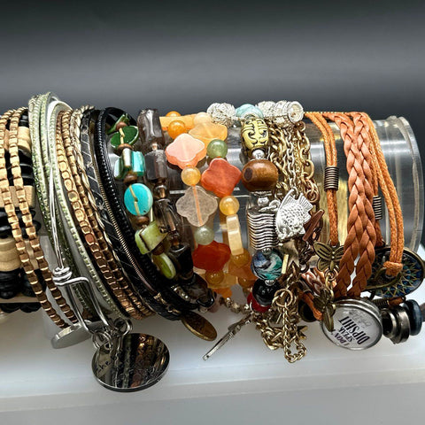 Mixed Beaded Charm Bangle Bracelet Jewelry Lot of 24 Boho Eclectic Styles