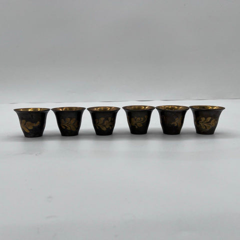 Vintage Brass Dallah Coffee Pot Set 6 Cups Etched Floral Middle Eastern Style