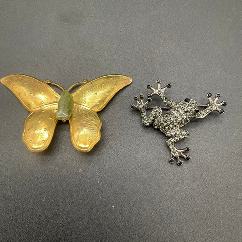 Vintage Costume Jewelry Lot 6 Animal Brooches Rhinestone Enamel Frog Butterfly