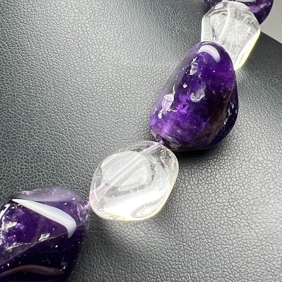 Large Purple and Clear Semi-Precious Stone Beaded Necklace