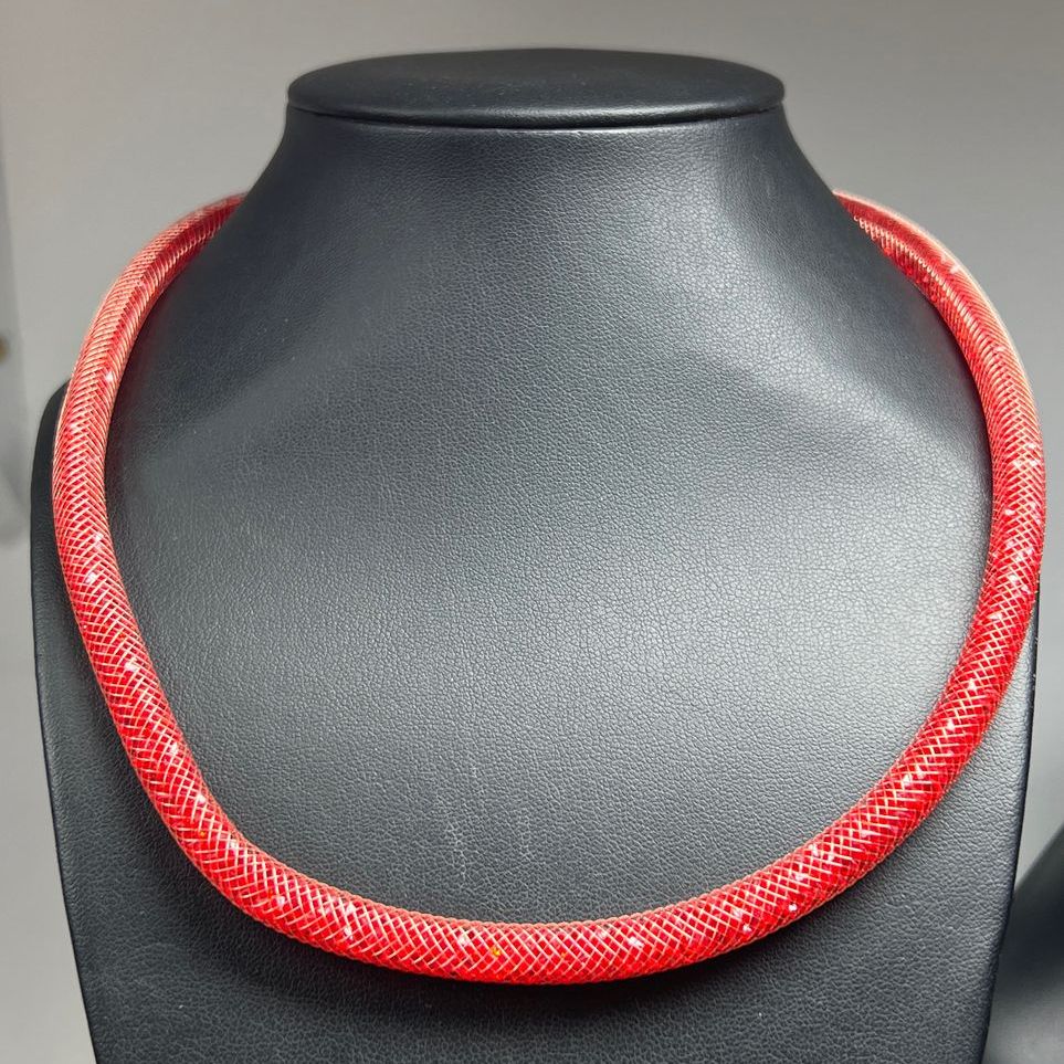 Red Crystal Brass Mesh Necklace NIB