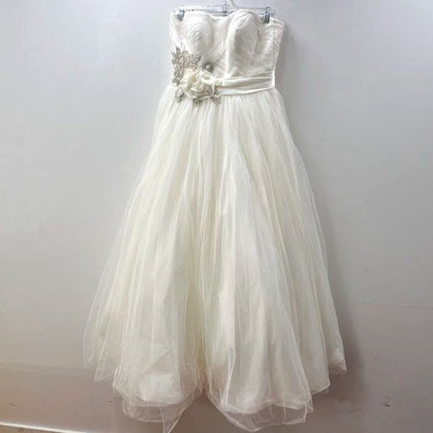 Oleg Cassini CWG322 Ivory Strapless Tea-Length Beaded Tulle Wedding Dress Sze 12